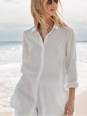 Garnet Hill Easy Linen Tunic Top White Small Button Up Shirt Oversized Beachy